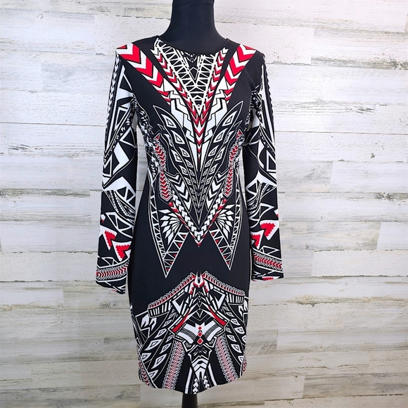 Bisou Bisou Michele Bohbot Geometric Print Bodycon Dress Black Red White 10 - Picture 3 of 16